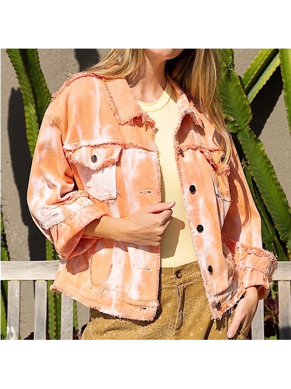 POL Peach Tie-Dye Frayed Jean Jacket NWOT
